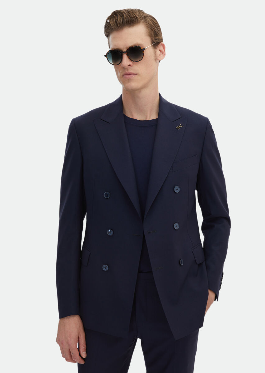 Koyu Lacivert Düz Zeroweight Slim Fit %100 Yün Takım Elbise - 5