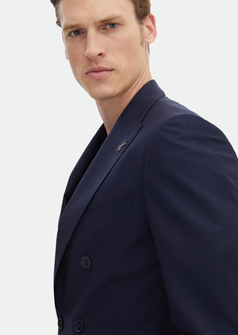 Koyu Lacivert Düz Zeroweight Slim Fit %100 Yün Takım Elbise - 6