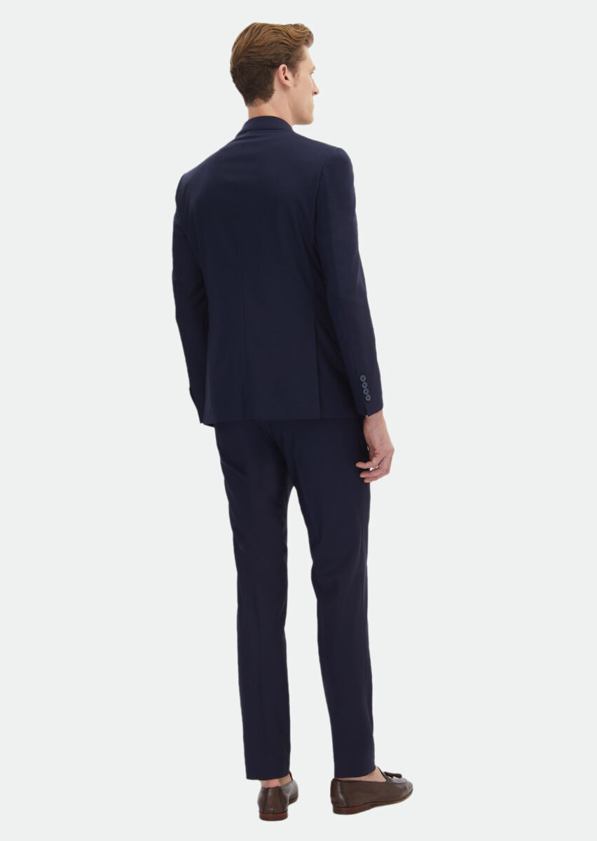 Koyu Lacivert Düz Zeroweight Slim Fit %100 Yün Takım Elbise - 10