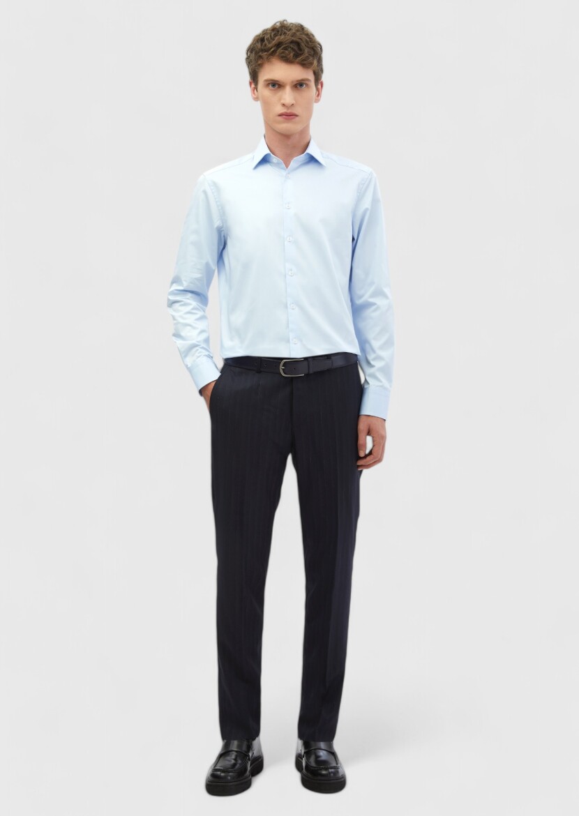 Koyu Mavi Düz Slim Fit Dokuma Klasik %100 Pamuk Gömlek 