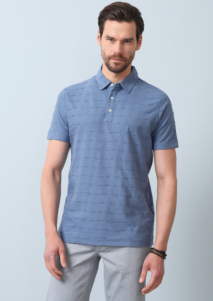 Koyu Mavi Jakarlı Polo Yaka %100 Pamuk T-Shirt 