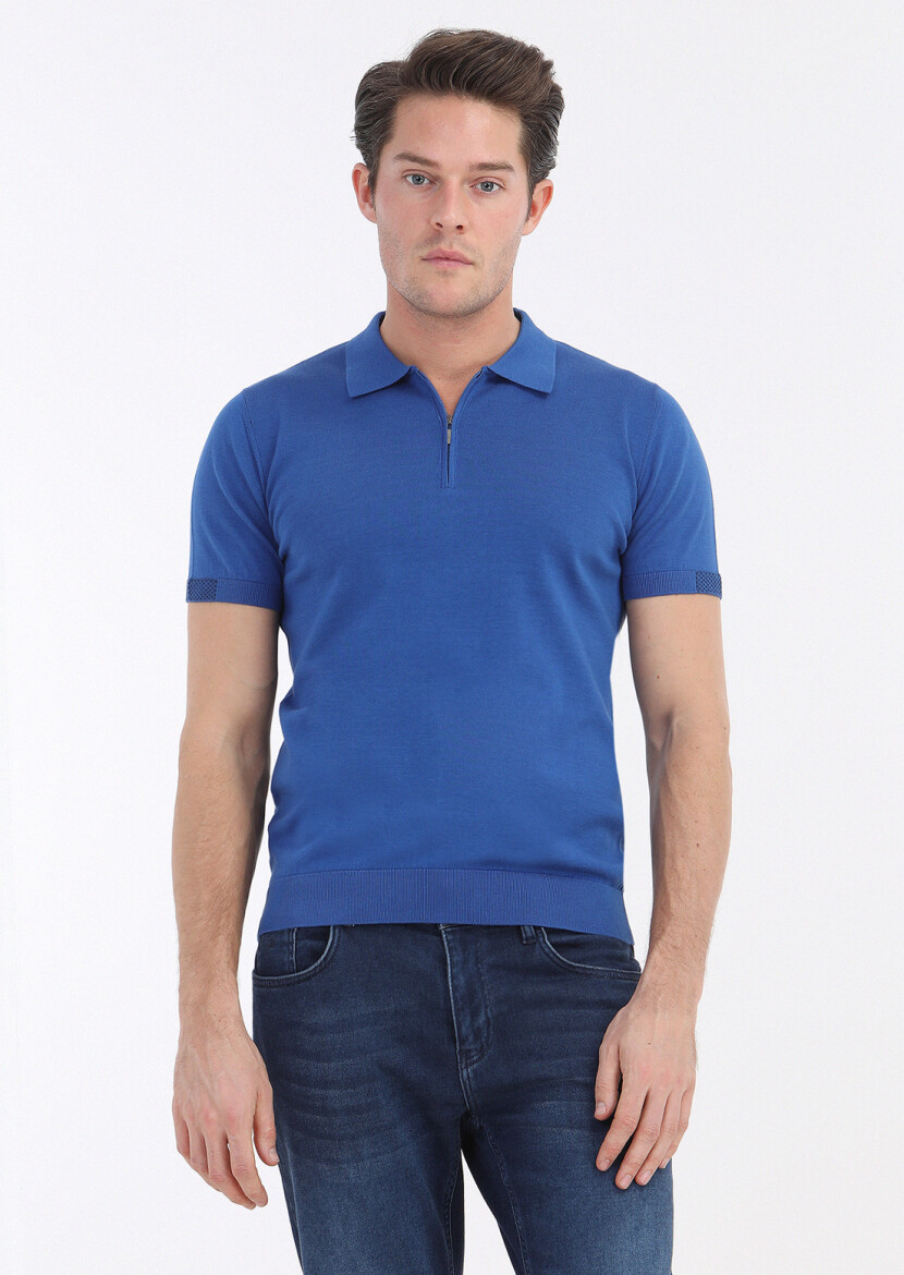 Koyu Mavi Polo Yaka Jakarlı %100 Pamuk Triko 