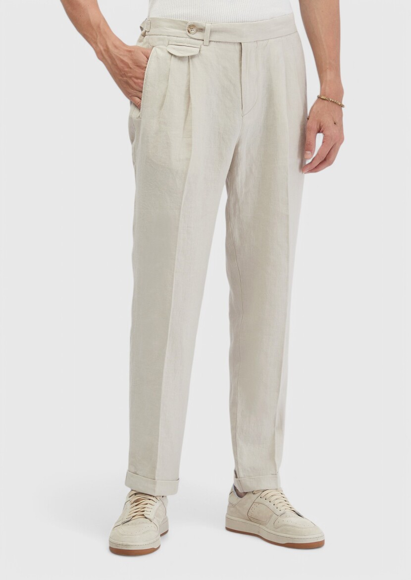 Kum Çizgili Dokuma Carrot Fit Casual %100 Keten Pantolon 
