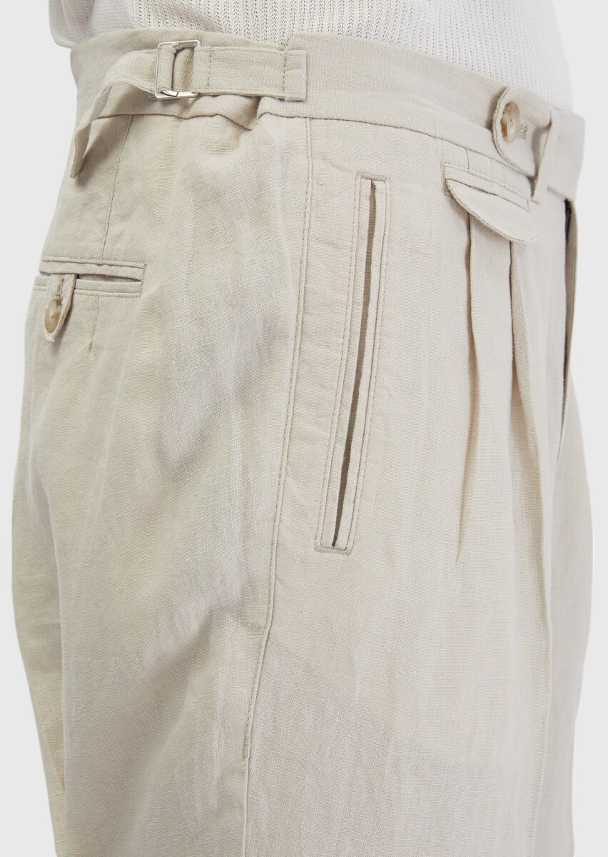 Kum Çizgili Dokuma Carrot Fit Casual %100 Keten Pantolon - 5
