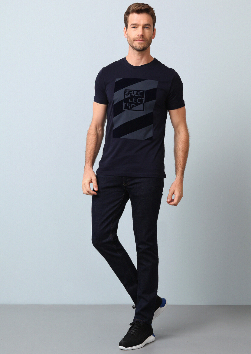 Lacivert Baskılı %100 Pamuk T-Shirt 