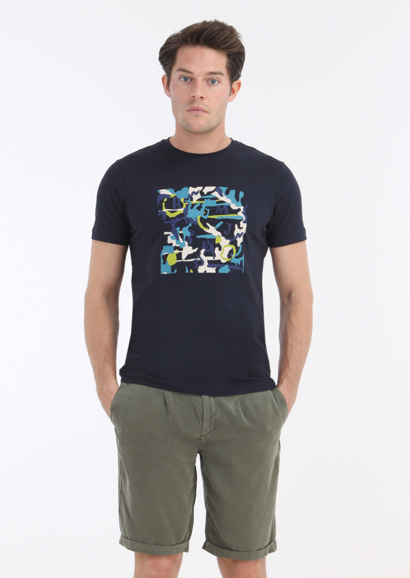 Lacivert Baskılı Bisiklet Yaka %100 Pamuk T-Shirt 