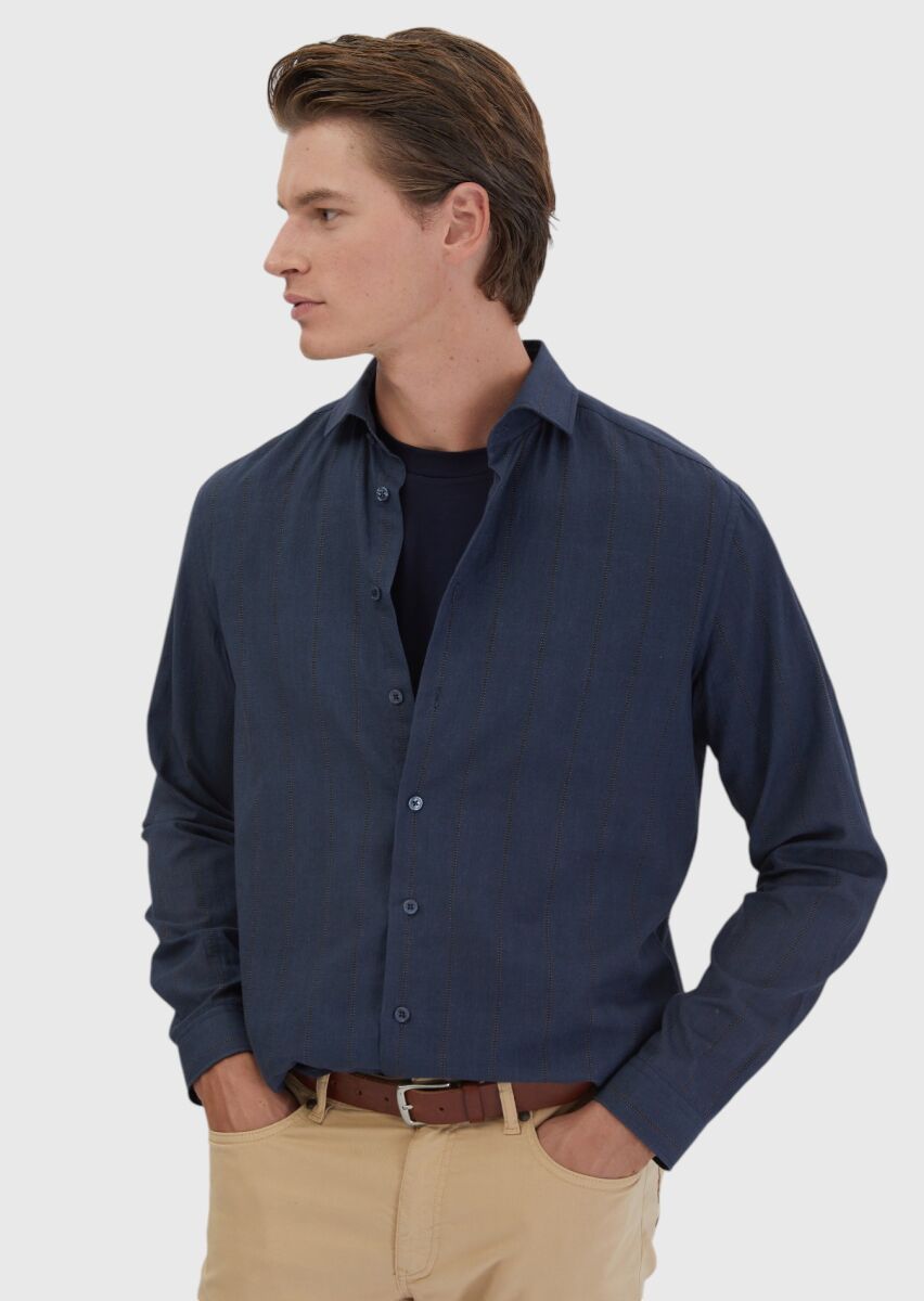 Lacivert Baskılı Casual Fit Dokuma Casual %100 Pamuk Gömlek - 1