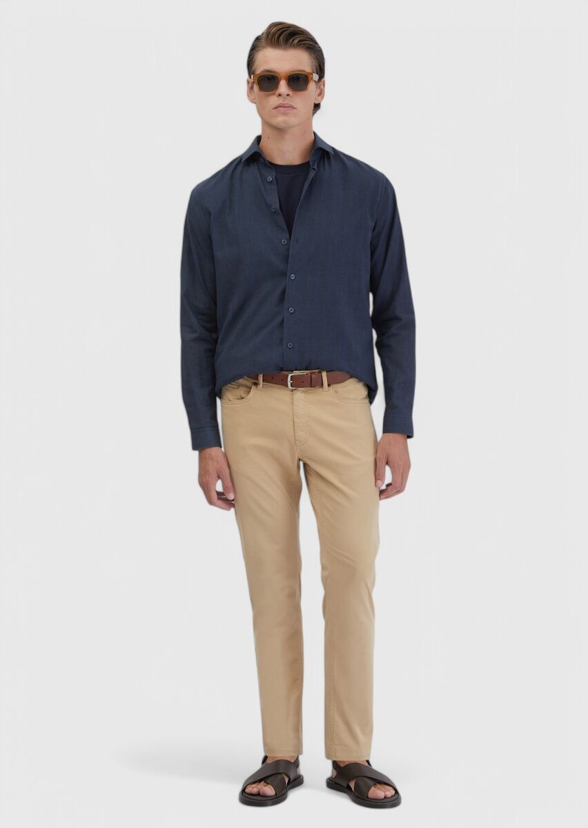 Lacivert Baskılı Casual Fit Dokuma Casual %100 Pamuk Gömlek - 2
