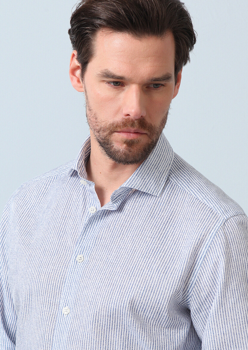 Lacivert Baskılı Regular Fit Dokuma Casual %100 Pamuk Gömlek - 1