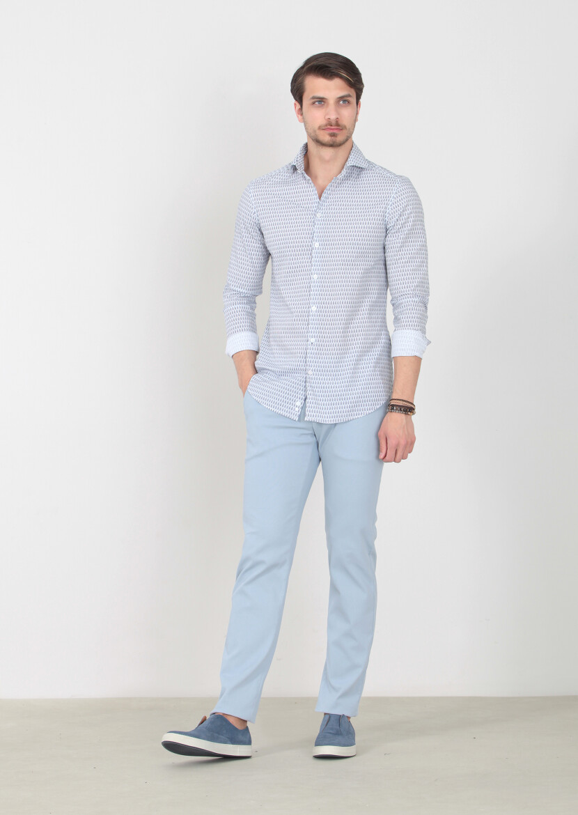 Lacivert Baskılı Slim Fit Dokuma Casual %100 Pamuk Gömlek 