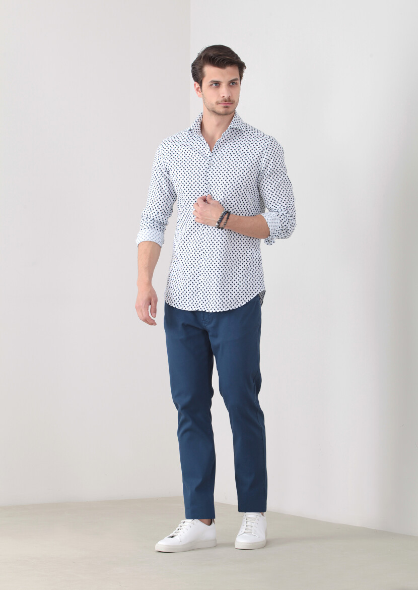 Lacivert Baskılı Slim Fit Dokuma Casual %100 Pamuk Gömlek 