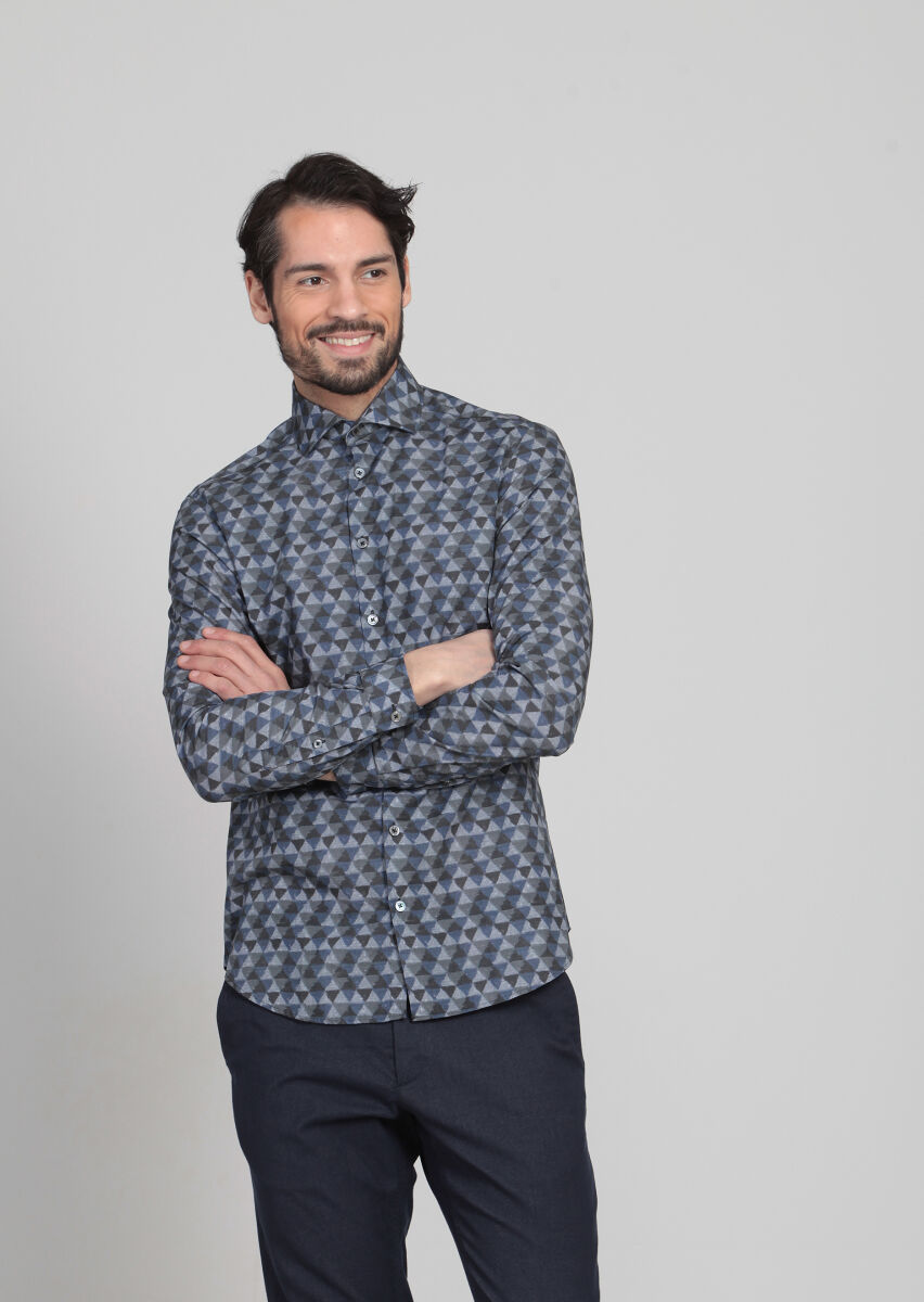 Lacivert Baskılı Slim Fit Dokuma Casual %100 Pamuk Gömlek - 3