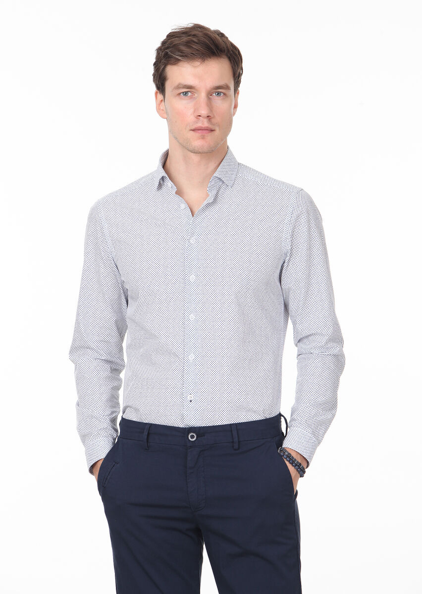 Lacivert Baskılı Slim Fit Dokuma Casual %100 Pamuk Gömlek - 1