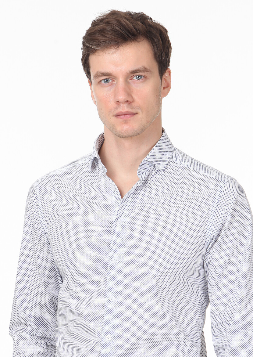 Lacivert Baskılı Slim Fit Dokuma Casual %100 Pamuk Gömlek - 2