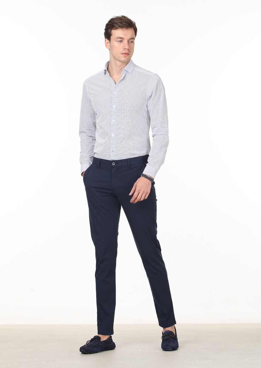 Lacivert Baskılı Slim Fit Dokuma Casual %100 Pamuk Gömlek - 3