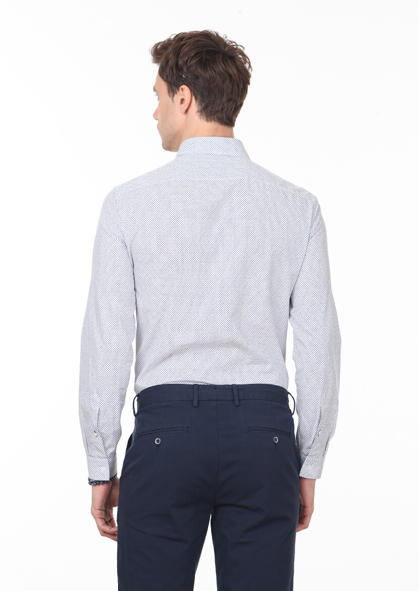 Lacivert Baskılı Slim Fit Dokuma Casual %100 Pamuk Gömlek - 4