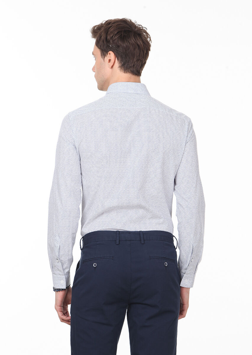 Lacivert Baskılı Slim Fit Dokuma Casual %100 Pamuk Gömlek - 4