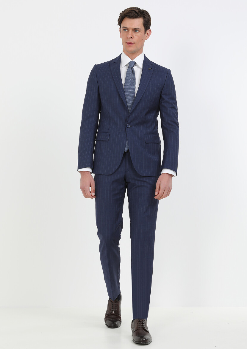 Lacivert Çizgili Modern Fit %100 Yün Takım Elbise - 2