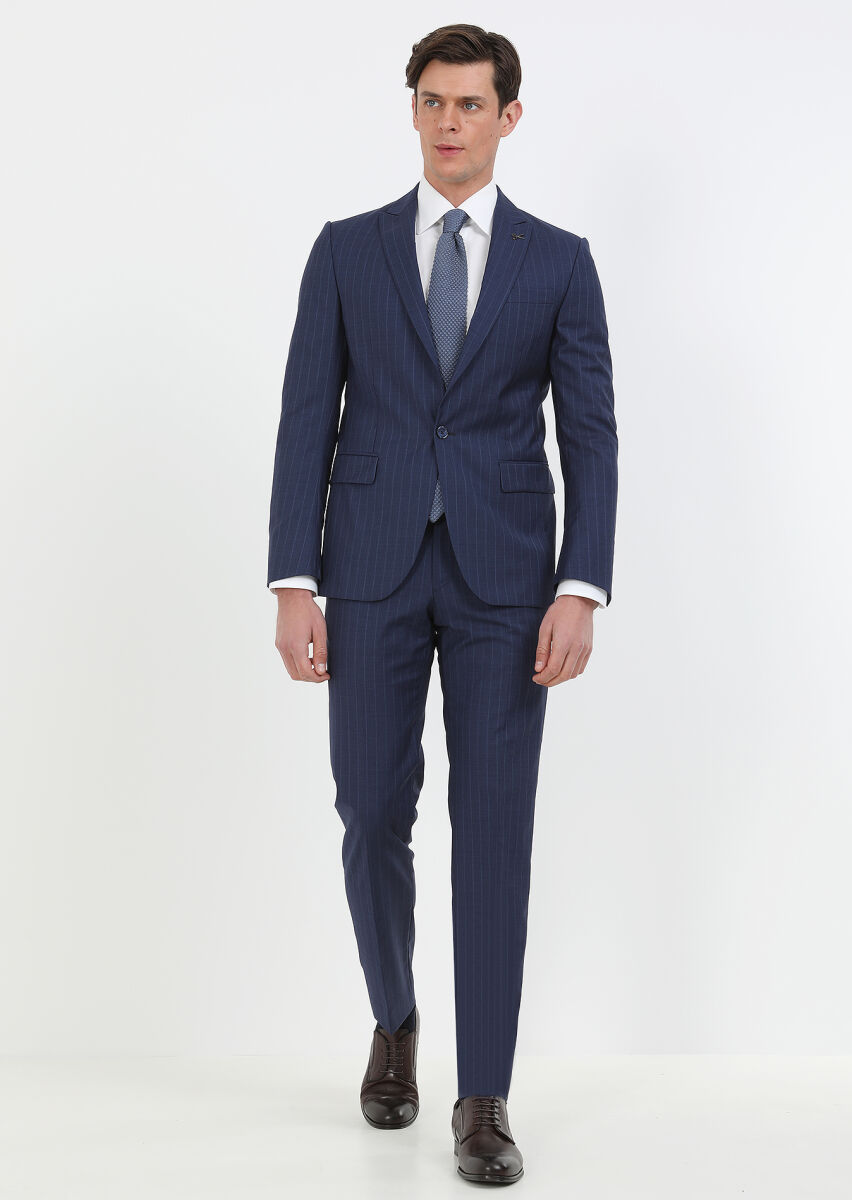 Lacivert Çizgili Modern Fit %100 Yün Takım Elbise - 2