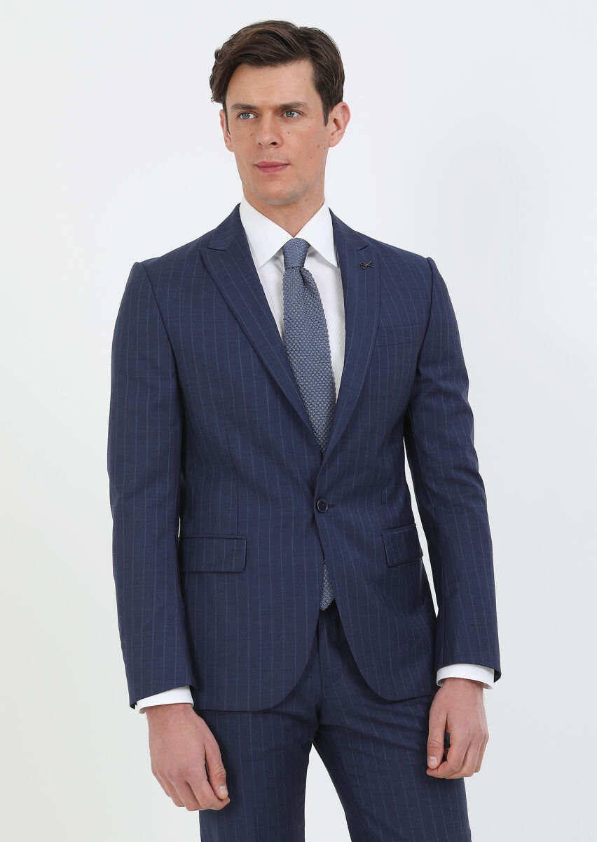 Lacivert Çizgili Modern Fit %100 Yün Takım Elbise - 3