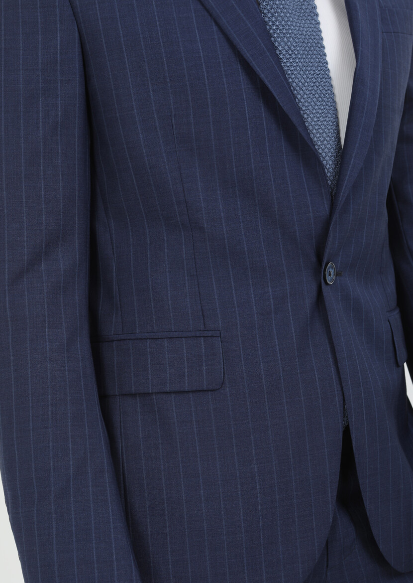 Lacivert Çizgili Modern Fit %100 Yün Takım Elbise - 5