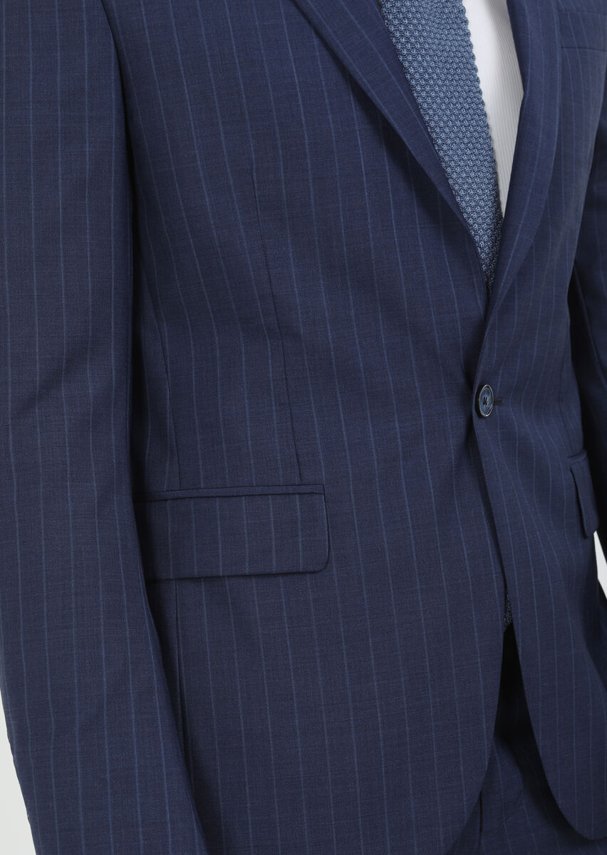 Lacivert Çizgili Modern Fit %100 Yün Takım Elbise - 5