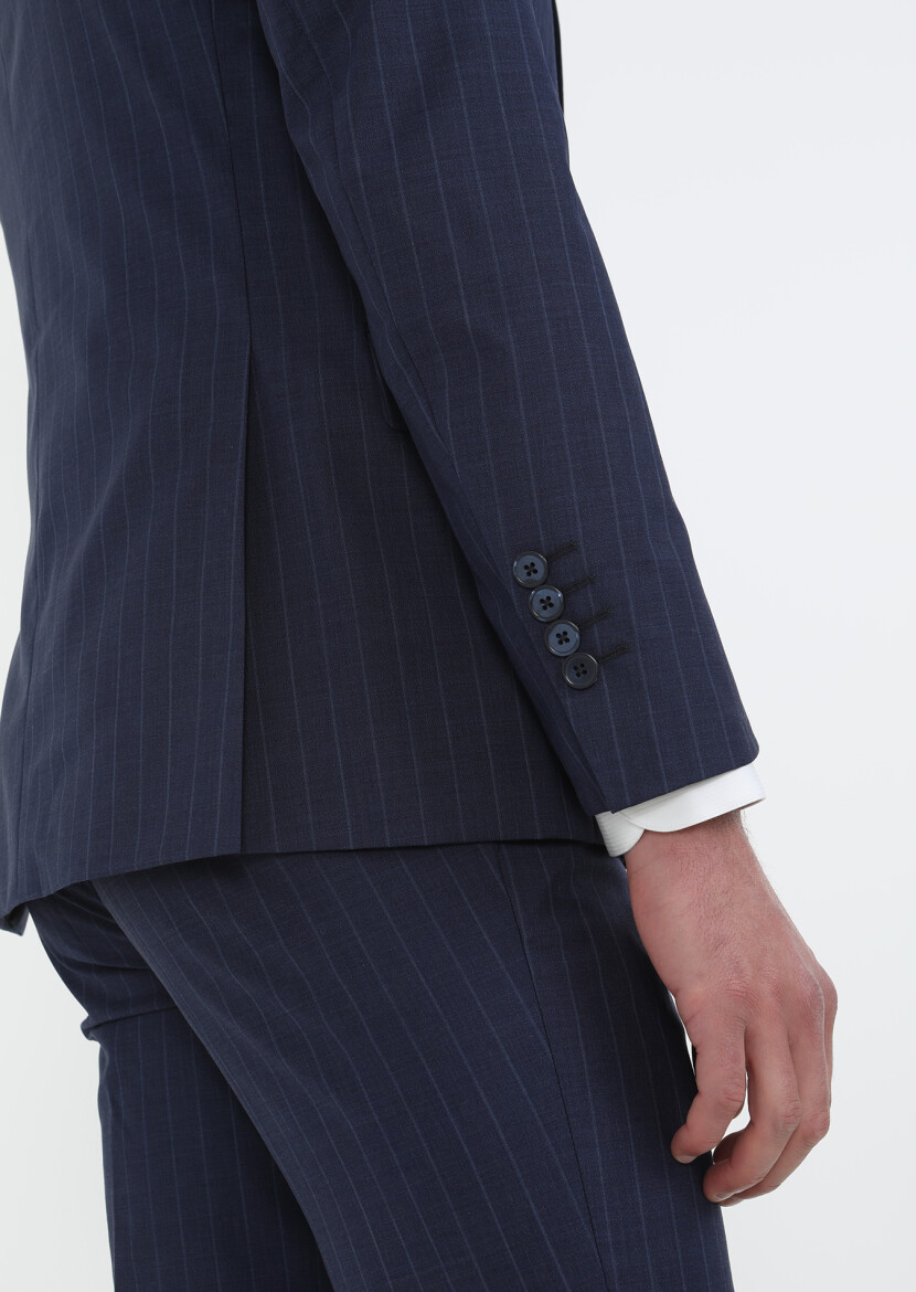 Lacivert Çizgili Modern Fit %100 Yün Takım Elbise - 6