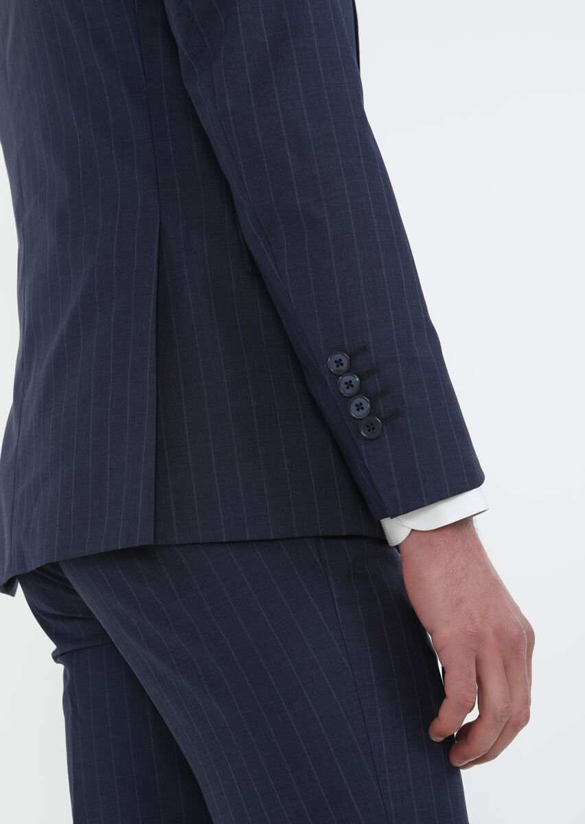 Lacivert Çizgili Modern Fit %100 Yün Takım Elbise - 6