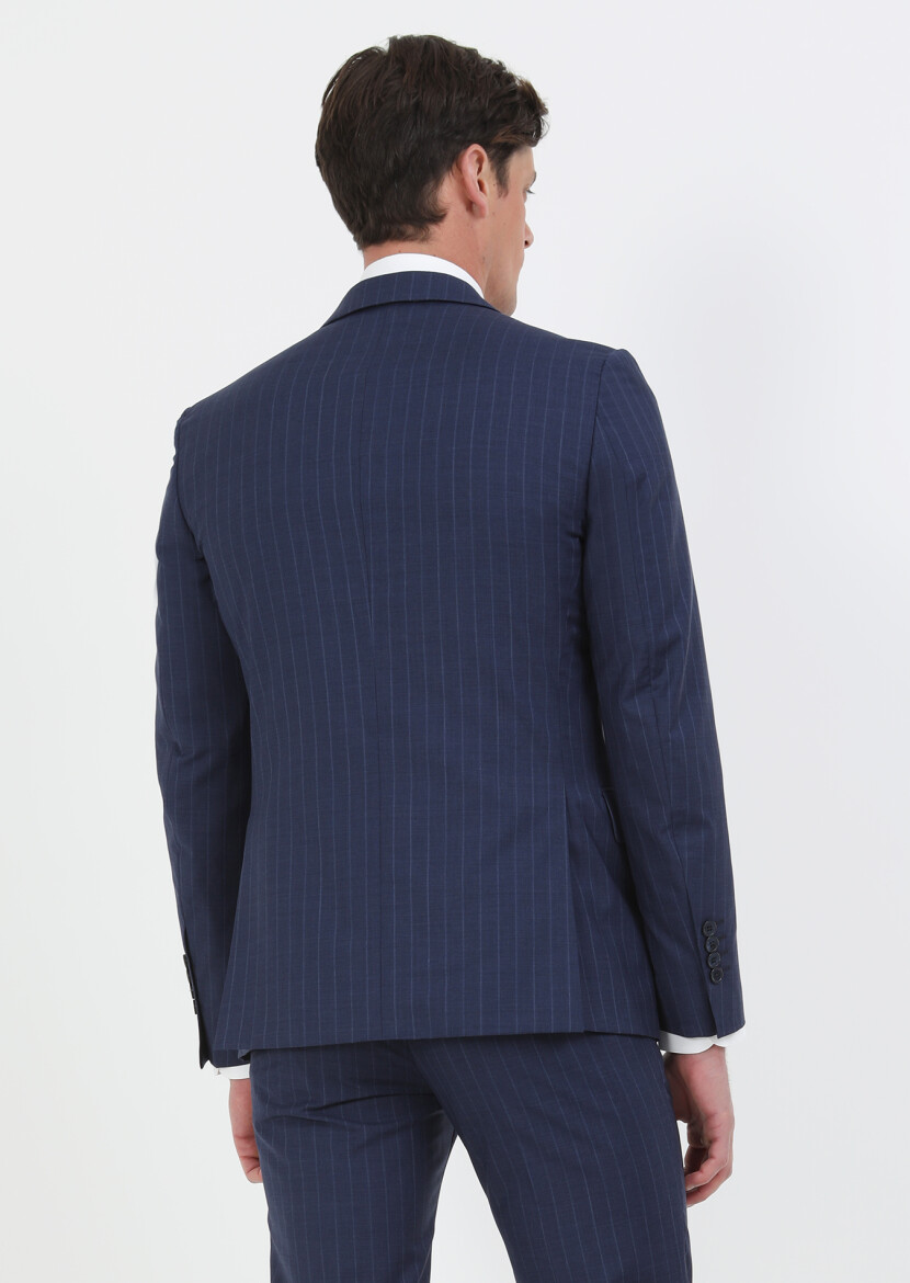 Lacivert Çizgili Modern Fit %100 Yün Takım Elbise - 7