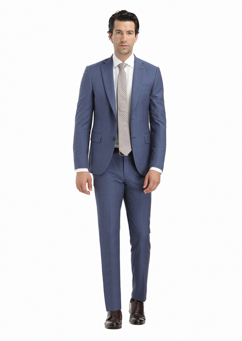 Lacivert Çizgili Modern Fit %100 Yün Takım Elbise - 1