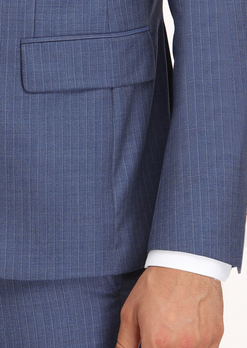 Lacivert Çizgili Modern Fit %100 Yün Takım Elbise - 5