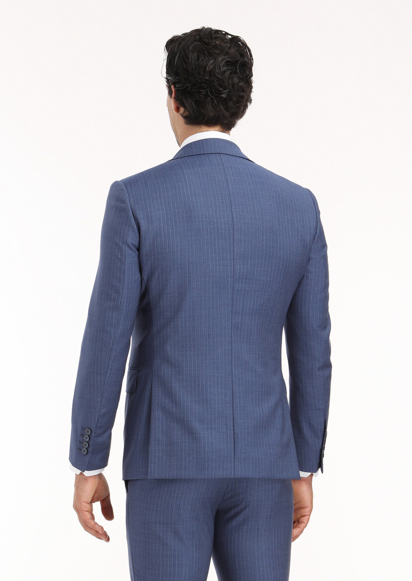 Lacivert Çizgili Modern Fit %100 Yün Takım Elbise - 7