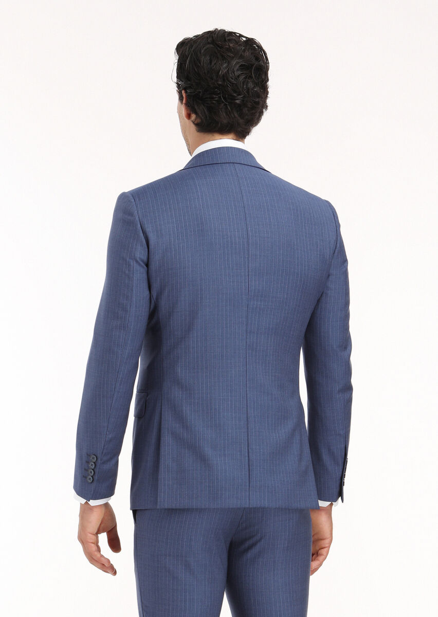 Lacivert Çizgili Modern Fit %100 Yün Takım Elbise - 7