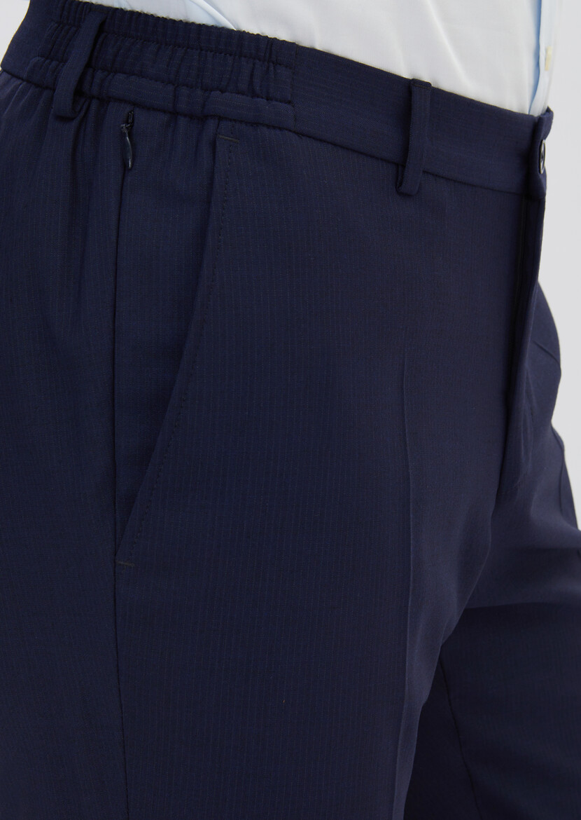 Lacivert Çizgili Modern Fit Yün Karışımlı Takım Elbise - 7
