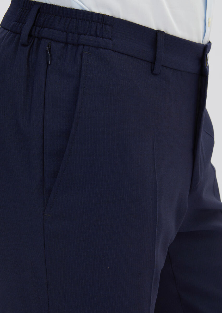 Lacivert Çizgili Modern Fit Yün Karışımlı Takım Elbise - 7