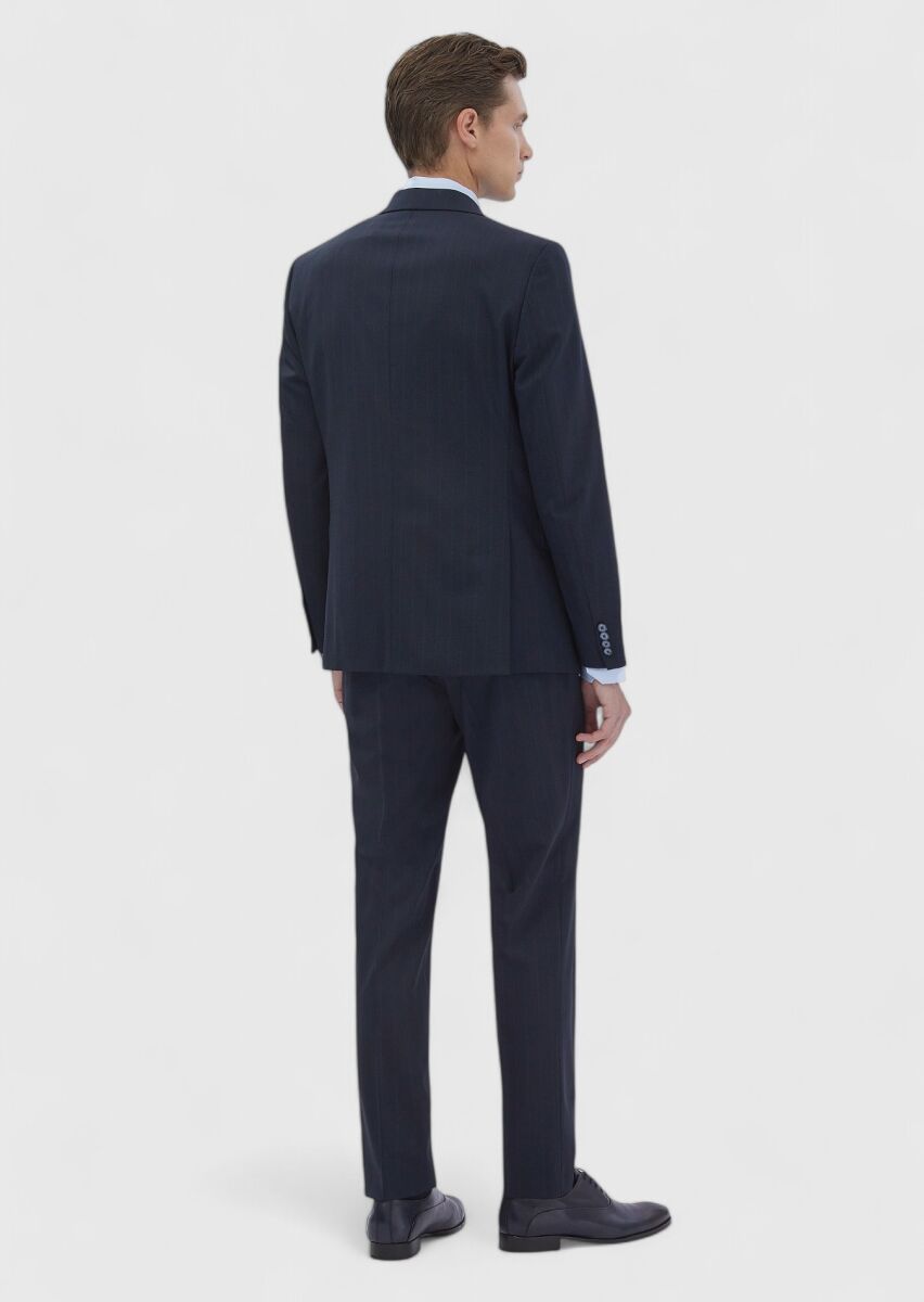 Lacivert Çizgili Modern Fit Yün Karışımlı Takım Elbise - 6