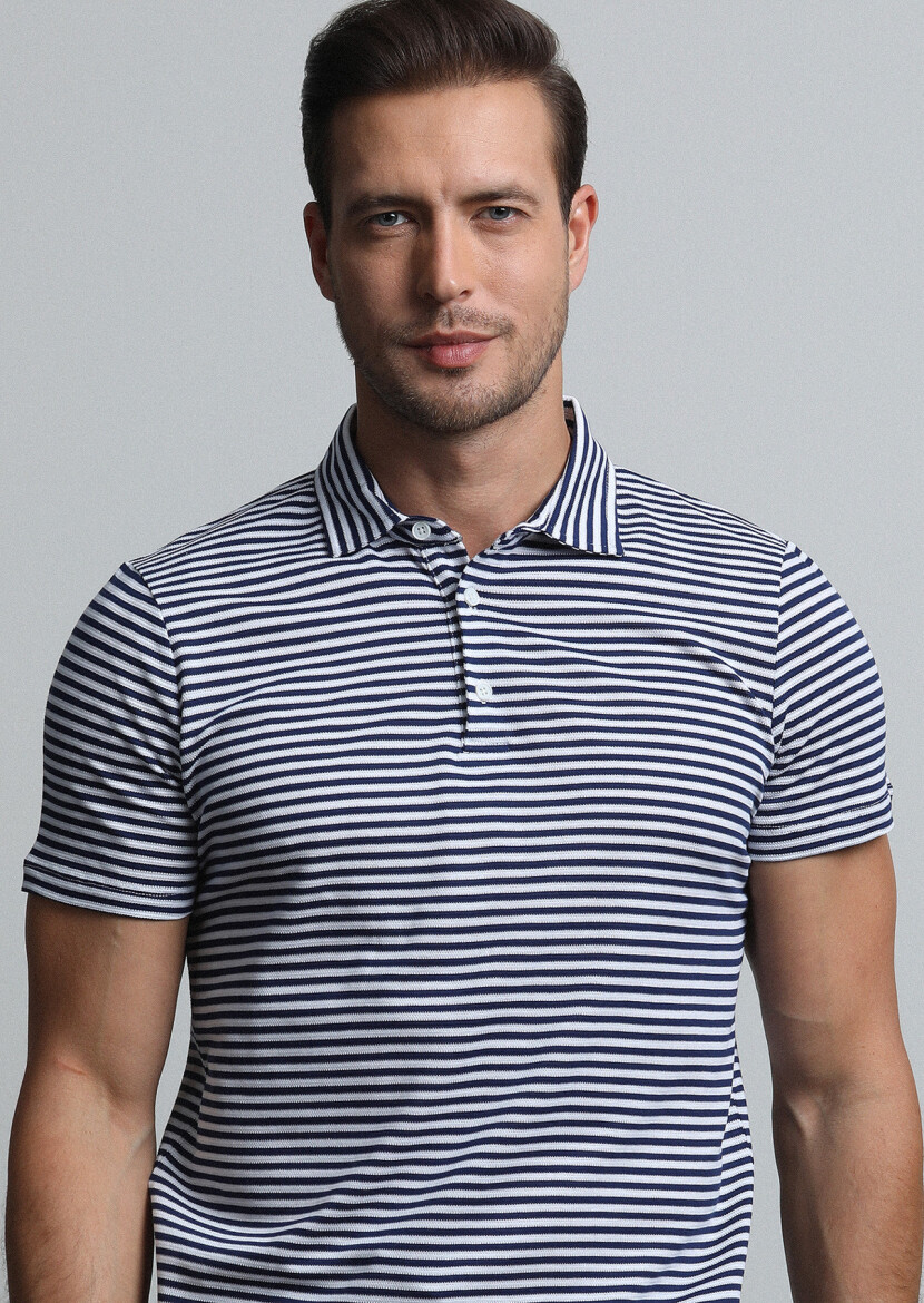 Lacivert Çizgili Polo Yaka %100 Pamuk T-Shirt 