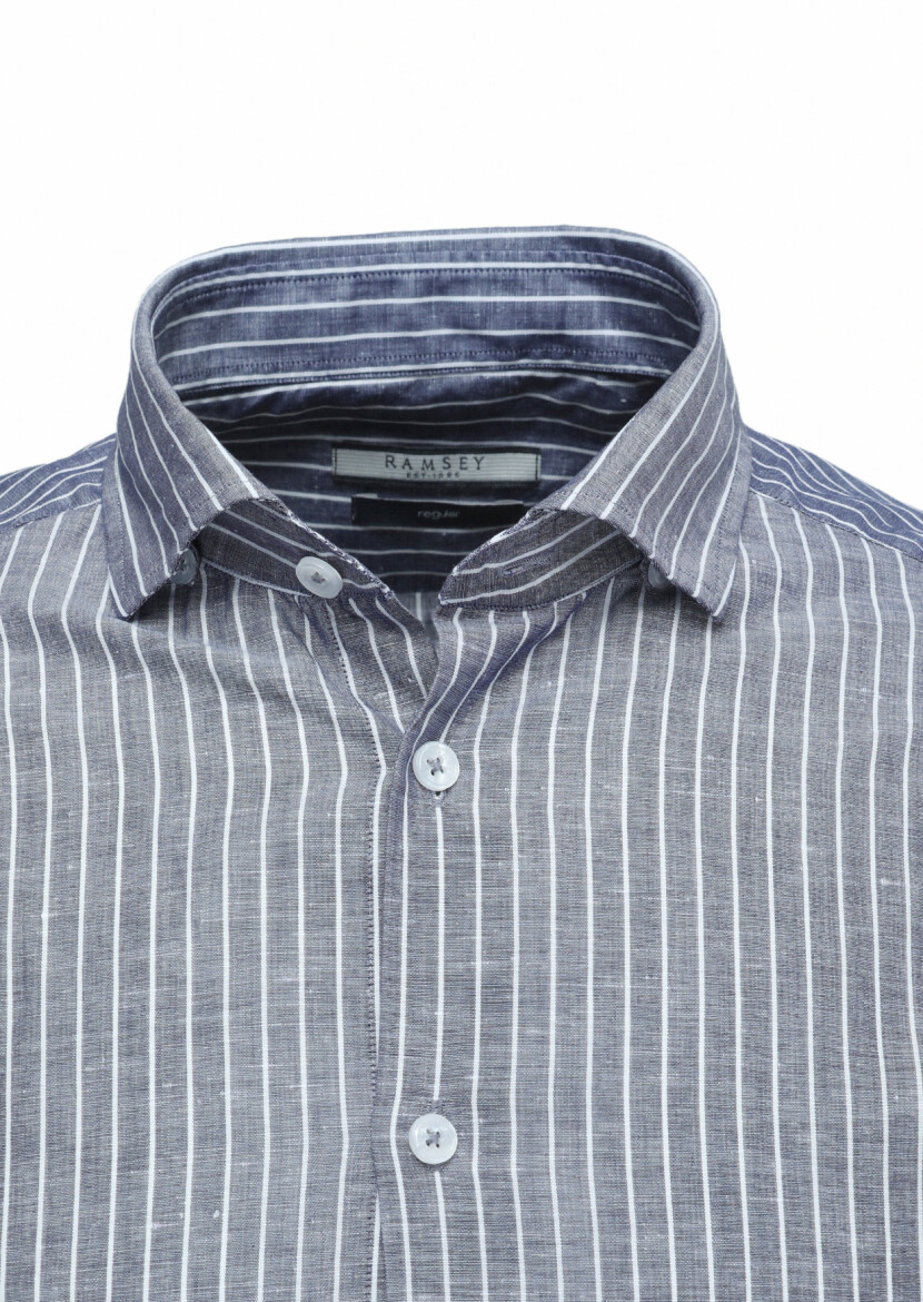 Lacivert Çizgili Regular Fit Dokuma Casual Pamuk Karışımlı Gömlek - 2
