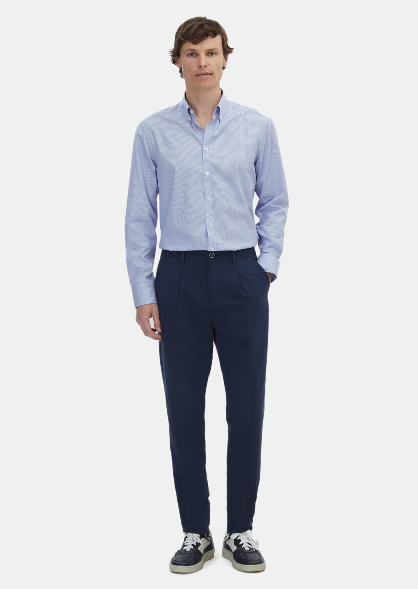 Lacivert Çizgili Regular Fit Dokuma Klasik %100 Pamuk Gömlek - RAMSEY