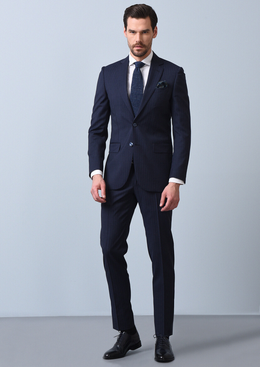 Lacivert Çizgili Thin&taller Slim Fit %100 Yün Takım Elbise - 1