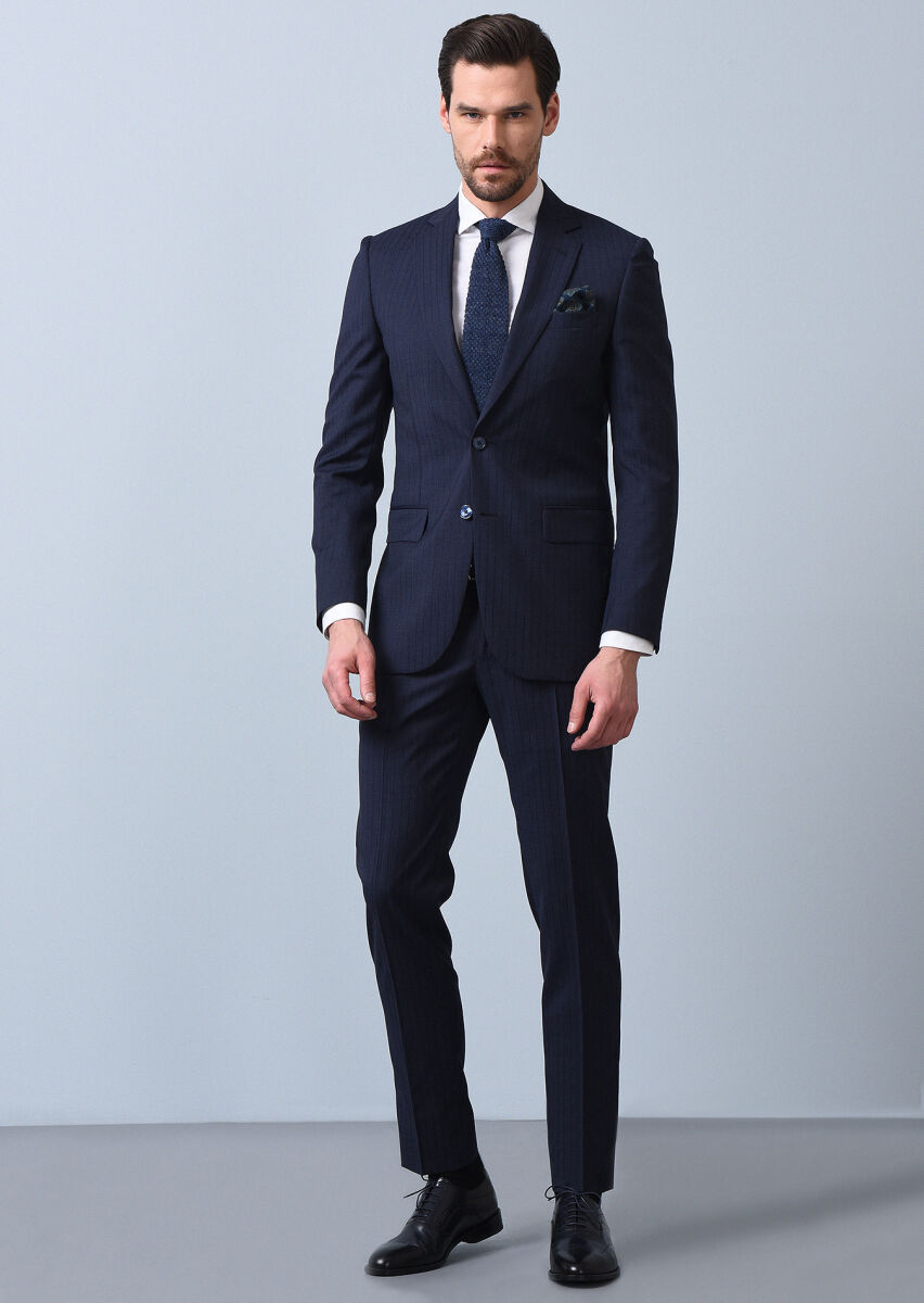 Lacivert Çizgili Thin&taller Slim Fit %100 Yün Takım Elbise - 1