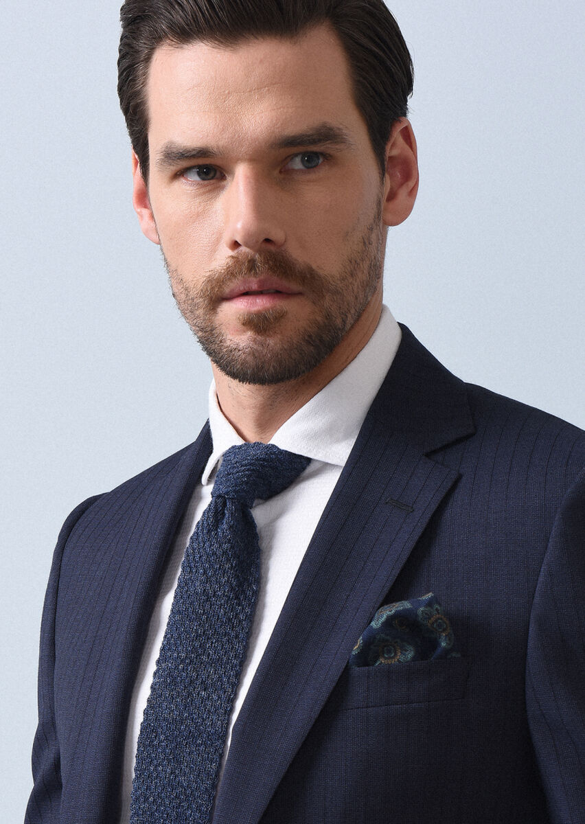 Lacivert Çizgili Thin&taller Slim Fit %100 Yün Takım Elbise - 2