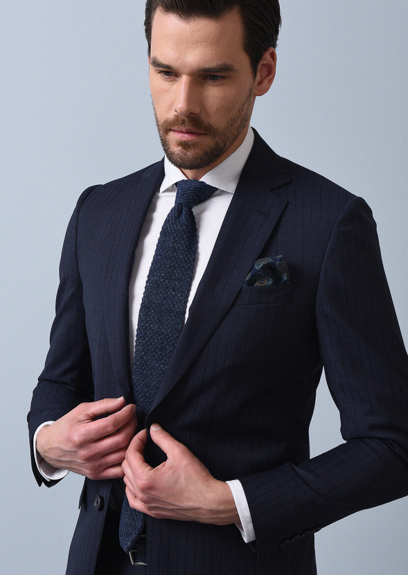 Lacivert Çizgili Thin&taller Slim Fit %100 Yün Takım Elbise - 3