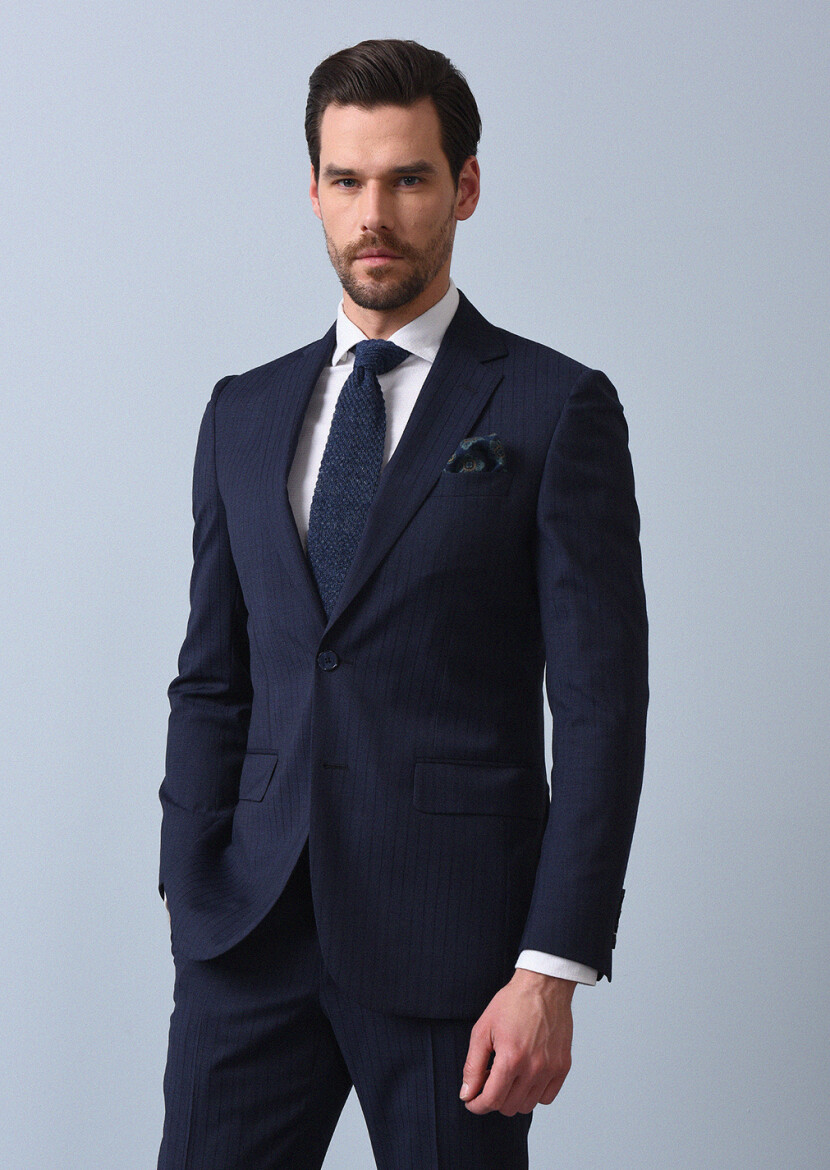 Lacivert Çizgili Thin&taller Slim Fit %100 Yün Takım Elbise - 4