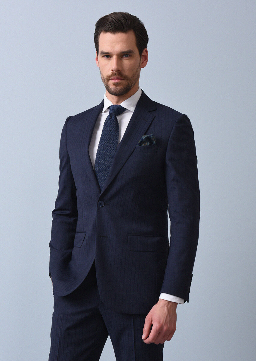 Lacivert Çizgili Thin&taller Slim Fit %100 Yün Takım Elbise - 4