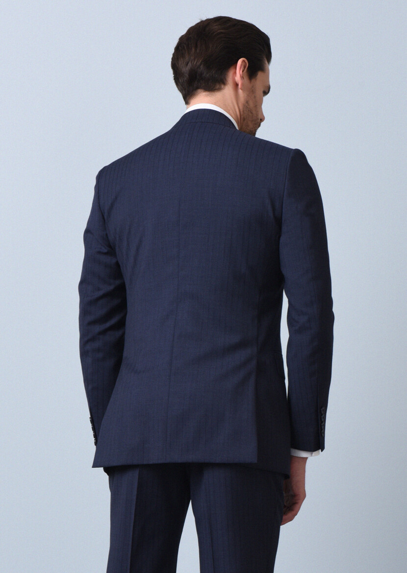 Lacivert Çizgili Thin&taller Slim Fit %100 Yün Takım Elbise - 5