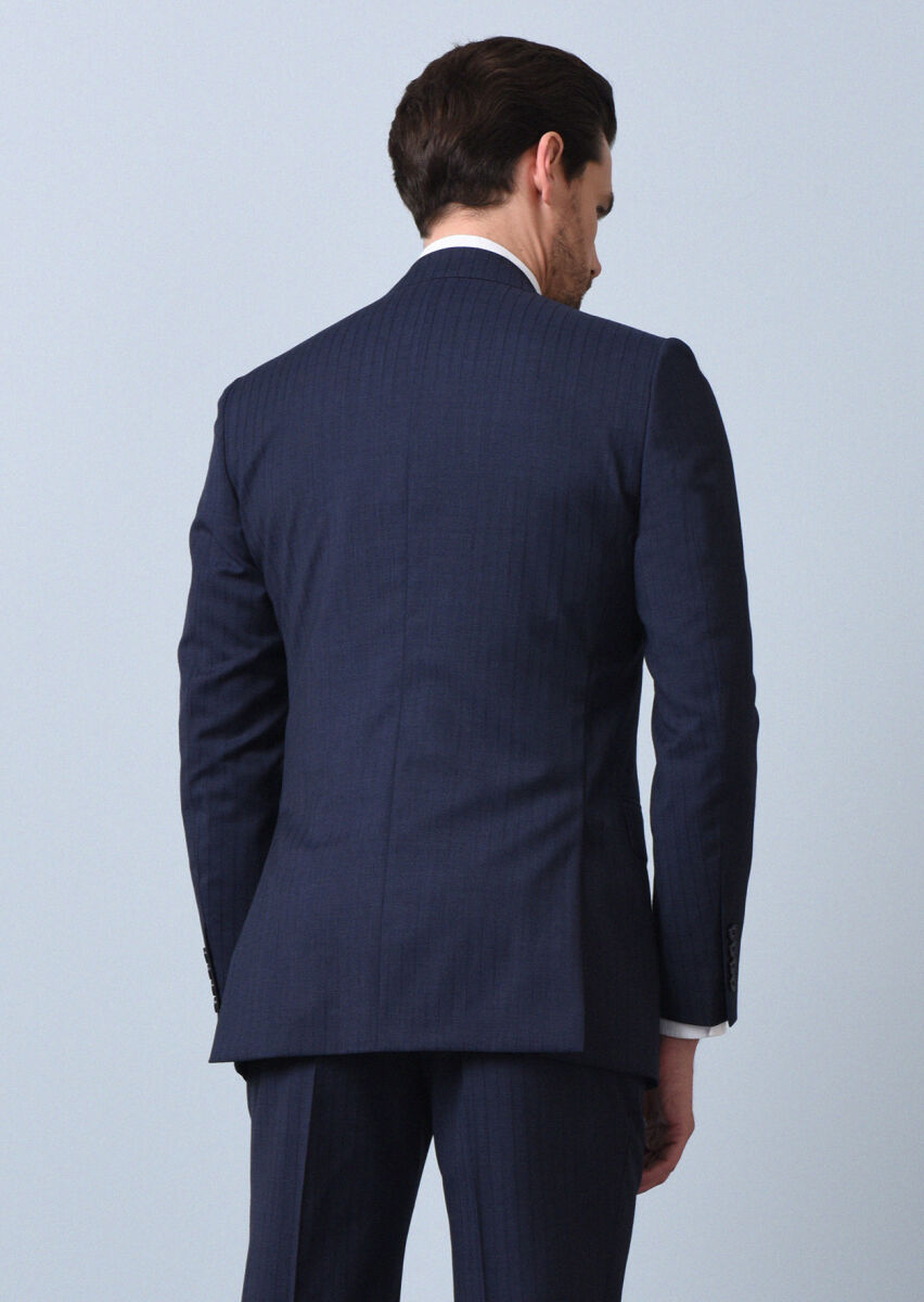 Lacivert Çizgili Thin&taller Slim Fit %100 Yün Takım Elbise - 5