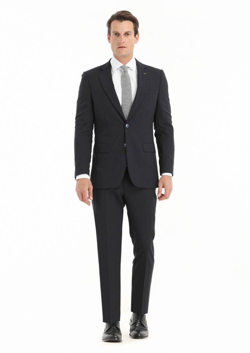 Lacivert Çizgili Thin&taller Slim Fit %100 Yün Takım Elbise - 1