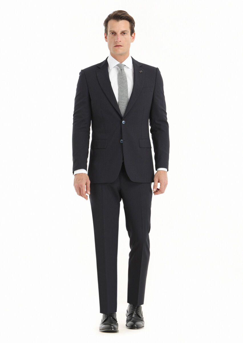 Lacivert Çizgili Thin&taller Slim Fit %100 Yün Takım Elbise - 1