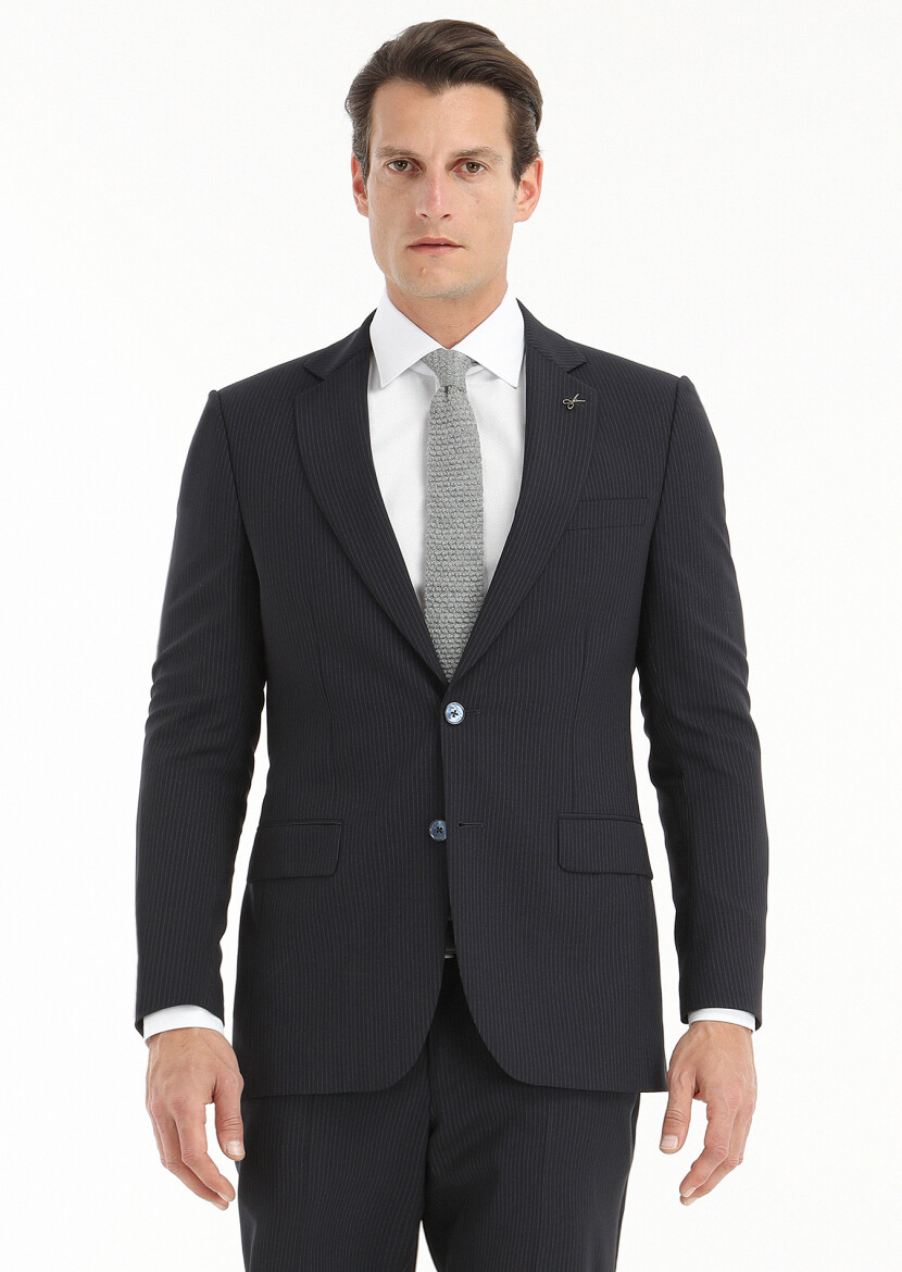 Lacivert Çizgili Thin&taller Slim Fit %100 Yün Takım Elbise - 2